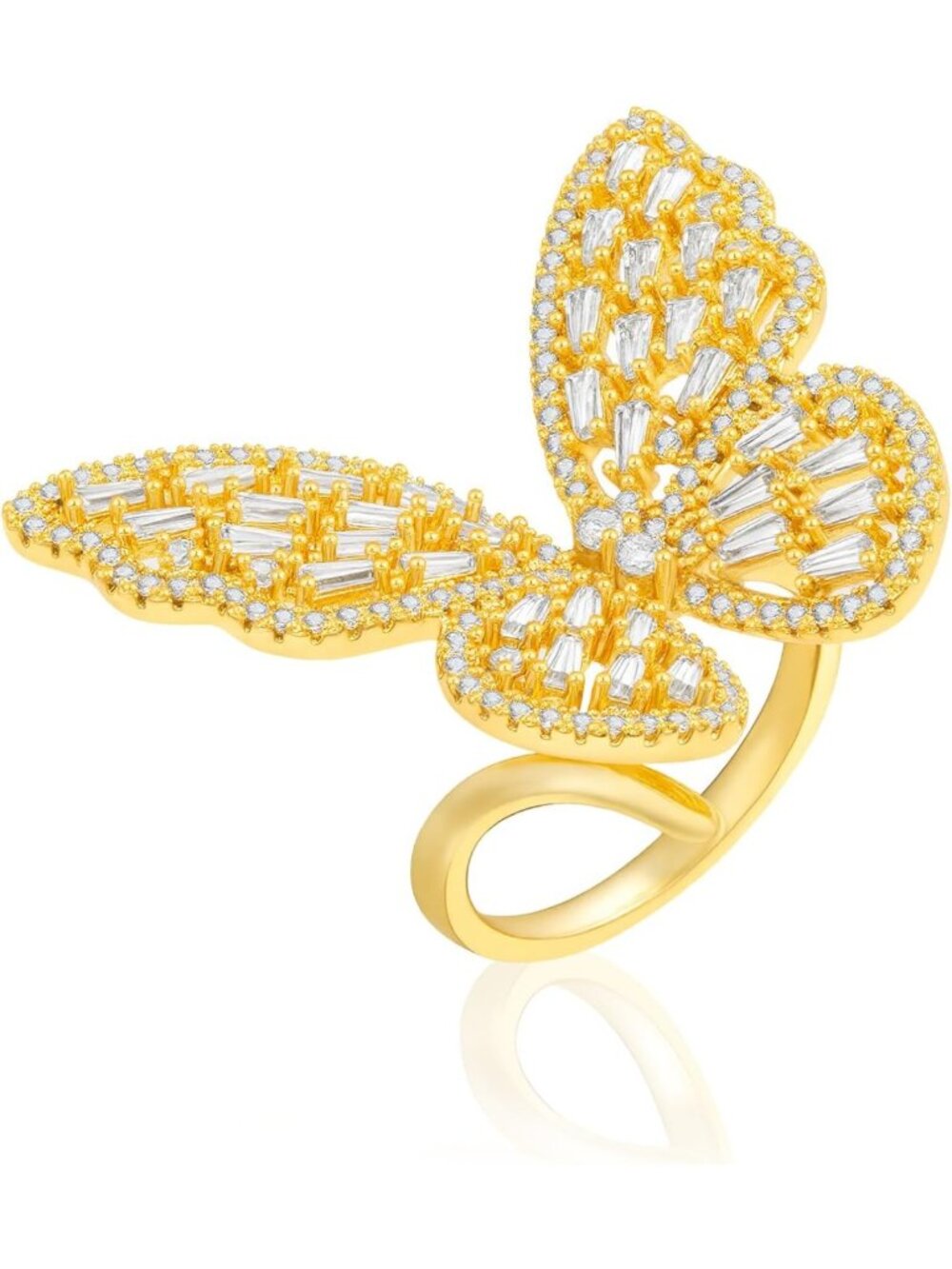 18K Gold Plated Adjustable Butterfly Ring - Non-Tarnish Cubic Zirconia Cocktail